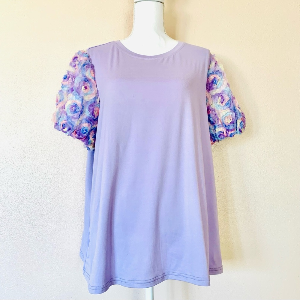 SHEIN Lavender Pink Blue & Yellow Tulle Floral Sleeve Women's Blouse.